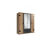 Armoire CORFOU Décor Chene et anthracite Miroirs 4 portes battantes 2 tiroirs L180