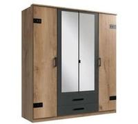 Armoire CORFOU Décor Chene et anthracite Miroirs 4 portes battantes 2 tiroirs L180 Anthracite G
