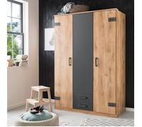 Armoire CORFOU - Décor Chêne et gris anthracite - 3 portes battantes - 2 tiroirs - L135 x P58 x H199 cm