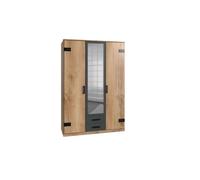 Armoire CORFOU - Décor Chêne et gris anthracite + Miroir - 3 portes battantes - 2 tiroirs - L135 x P58 x H199 cm