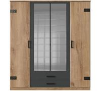 Armoire CORFOU - Décor Chêne et gris anthracite + Miroirs - 4 portes battantes - 2 tiroirs - L180 x P58 x H199 cm