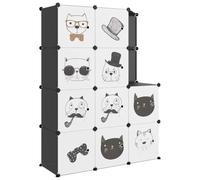 Armoire Cubique Modulaire 10 Casiers PP Noir avec Cadres Acier | Plastique PP hydrofuge, montage outil inclus, dessins animés ludiques, démontage compact gain de place, casiers 10 kg chacun