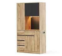 Armoire cuisine haute style buffet; colonne stockage intégrée;étagères réglables; tiroirs aérés sans poignée;plan travail renforcé;réglette LED RGB contrôle multiprise latérale 2 sorties AC USB Type-C