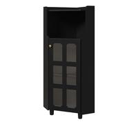 Armoire d’angle laquée avec éclairage LED piloté par application, meuble rangement triangulaire optimisation espace, étagère ouverte+vitrine translucide,salon chambre cuisine salle d’eau (Noir)