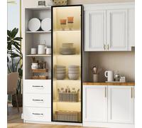 Armoire d’Vitrine Salon LED Blanc Verre Trempé,3 Tiroirs,Étagères Ouvertes | 80x40x160cm,Bibliothèque,Buffet,Vaisselier,8 Compartiments Rangement,Grande Capacité,Pour Cuisine,Collection,Figurine,Moderne