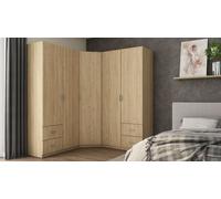 Armoire d'angle 189/214 en stratifié chêne, avec 4 tiroirs et 3 barres de penderie