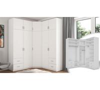 Armoire d'angle 189/240 cm en blanc avec 3 barres de penderie et 4 tiroirs