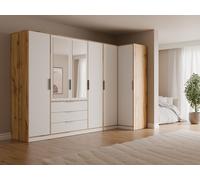 Armoire d'angle 6 portes et 3 tiroirs - Avec miroirs - L302/311 cm - Blanc et naturel - LAMIKI