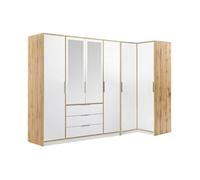 Armoire d'angle 6 portes et 3 tiroirs - Avec miroirs - L302/311 cm - Blanc et naturel - LAMIKI