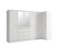 Armoire d'angle 6 portes et 3 tiroirs - Avec miroirs - L311 cm - Blanc - LIZANDRO