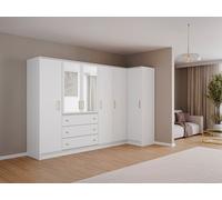 Armoire d'angle 6 portes et 3 tiroirs - Avec miroirs - L311 cm - Blanc - LIZANDRO