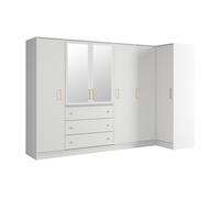 Armoire d'angle 6 portes et 3 tiroirs - Avec miroirs - L311 cm - Blanc - LIZANDRO