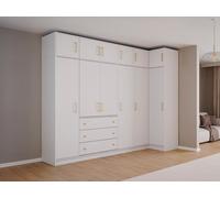 Armoire d'angle 6 portes et 3 tiroirs - L311 cm - Blanc + Réhausses - LIZANDRO
