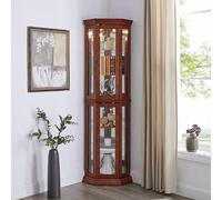 Armoire d'angle avec étagères réglables, éclairage LED, panneau arrière miroir, design économiseur d'espace, décoration d'intérieur moderne, vitrine pour objets de collection