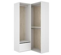 Armoire d'angle dressing ouverte avec 2 penderie et une porte chaussures, coloris blanc/naturel