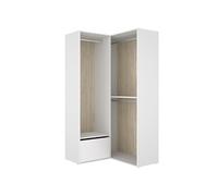 Armoire d'angle dressing ouverte avec 2 penderie et une porte chaussures, coloris blanc/naturel - Hauteur 204,5 x Longueur 105 x Profondeur 104,5 cm