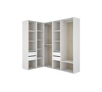 Armoire d'angle dressing ouverte avec 2 penderies, 4 tiroirs et étagères de rangement - Hauteur 204,5 x Longueur 124 x Profondeur 186,3 cm - -