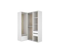 Armoire d'angle dressing ouverte avec 2 penderies avec 2 tringles, 4 étagères, 2 tiroirs et 1 porte chaussures, coloris blanc/naturel - Hauteur 204,5