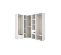 Armoire d'angle dressing ouverte avec 3 penderies, 2 tiroirs, porte chaussure intégrée et étagères de rangement - Hauteur 204,5 x Longueur 144,5 x