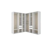 PEGANE Armoire d’Angle Dressing Ouverte avec 3 penderies, 4 tiroirs et étagères de Rangement - Hauteur 204,5 x Longueur 182,4 x Profondeur 186,3 cm