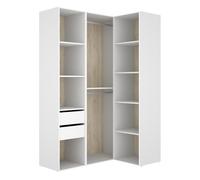 Armoire d'angle dressing ouverte avec penderie avec tringle 9 étagères et 2 tiroirs coloris blanc/naturel