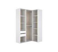 PEGANE Armoire d'angle Dressing Ouverte avec penderie avec Tringle, 9 étagères et 2 tiroirs, Coloris Blanc/Naturel - Hauteur 204,5 x Longueur 124 x Profondeur 84