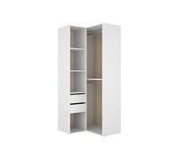 Armoire d'angle dressing ouverte avec penderie de 2 tringles, 4 étagères et 2 tiroirs, coloris blanc/naturel - Hauteur 204,5 x Longueur 84,5 x