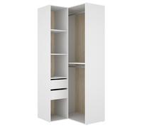 Armoire d'angle dressing ouverte avec penderie de 2 tringles, 4 étagères et 2 tiroirs, coloris blanc/naturel
