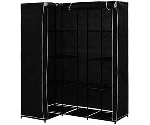 Armoire d'angle en tissu, penderie de coin, dressing, armoire en tissu, organisateur de rangement avec 2 rails suspendus (noir, 169 x 129 x 87 cm)
