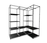 Armoire d'angle Relaxdays, H x L x P : 170 x 130 x 41 cm, 2 barres de suspension, 12 étagères, acier, tissu, noir