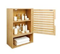 Armoire d'angle pour salle de bain en bambou, fixation murale avec porte à persiennes aérée, meuble de rangement 20×40×60cm, résistant à l'humidité pour coin de toilette (couleur bois naturel)