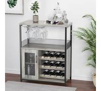 Armoire de Bar à Vin à 3 Niveaux, avec Casier à Vin Amovible et Espace de Rangement, Armoire de Buffet avec Porte en Verre et Porte en Filet, pour la Cuisine, Le Salon et Le Bar (Gris)