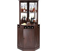 Armoire de bar d'angle industrielle - Table à vin pour spiritueux et verres - Armoire buffet avec porte verre - Armoire de bar à café indépendante - Bois de ferme - Salon - Bar maison - Noyer