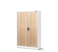 Armoire de Bureau Métallique C001K 3 Etagères Tôle d'acier Portes Battantes 140 cm x 90 cm x 40 cm (Blanc/Imitation Bois)
