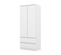 Armoire de Chambre 2 Portes et 2 Tiroirs, Penderie de Rangement Moderne avec Tringle et Système Sans Poignée, Garde-Robe Gain de Place pour Entrée et Bureau, Style Minimaliste Ligne MAJA (Blanc)