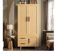 Armoire de Chambre 80x52x166cm en Chêne avec 2 Tiroirs | Penderie de Rangement | Style Bohème Chic avec Grand Rotin Tissé Naturele