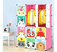 Armoire de chambre enfant - Etagères plastiques rose - 12 cubes modulables - Motifs cartoon