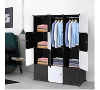 Armoire de Chambre Rangement 12 cuboïdes, Étagères de Rangement DIY, 1 Tige Suspendue, Modulaire en Plastique 105 x 45 x 140cm Noir