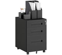 Armoire de classement mobile à 3 tiroirs avec verrouillage, bac à crayons et roulettes, rangement vertical en acier pour la maison et le bureau, organiseur de fichiers en métal noir durable