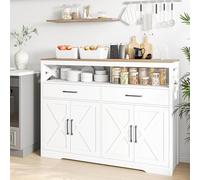 Armoire de cuisine avec 2 tiroirs et compartiments ouverts, buffet, buffet, style maison de campagne, blanc, armoire de rangement, 140 x 40 x 105 cm