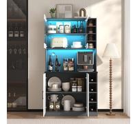 Armoire de cuisine avec éclairage LED, highboard indépendant en bois,100x47x187cm, Noir