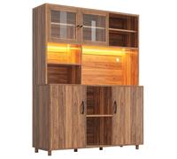 Armoire de cuisine chaude en noyer avec étagère à goûter intelligente, réaction musicale LED par application, portes coulissantes élégantes en verre, buffet de salon, 140 x 185 cm