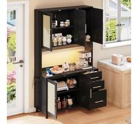 Armoire de cuisine de 183 cm avec plan de travail, lumières décoratives LED contrôlées par application, 3 doubles armoires, 3 tiroirs, 2 ports USB, idéale pour cuisines et salles à manger (noir, 183 x