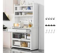 Armoire de cuisine de 60 cm avec plan de travail gris, support pour micro-ondes et 6 étagères, étagère de rangement polyvalente, chariot de cuisine blanc, organisateur d'économie d'espace pour la