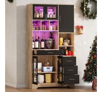 Armoire de cuisine haute - 185 cm - Buffet avec éclairage LED et prises - Buffet avec tiroirs et portes en verre - Armoire de rangement pour cuisine et salon - Noir et marron (1)
