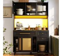 Armoire de cuisine haute avec étagères réglables - Buffet avec 3 tiroirs et éclairage LED - Vitrine moderne en rotin synthétique noir pour salle à manger