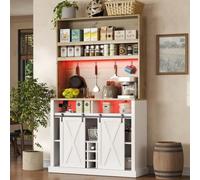 Armoire de cuisine haute avec LED et prise, buffet, vitrine avec fonction de charge USB, étagère à vin avec crochets et plan de travail, pour cuisine, salle à manger, naturel/blanc, 110 x 40 x 191 cm