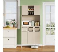 Armoire de cuisine haute EVRYAE 80 x 35 x 181 cm, meuble de tri des déchets, niche micro-ondes, MDF blanc et bois clair
