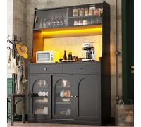Armoire de cuisine haute, vitrine, buffet avec étagères réglables, rangement de salle à manger avec 2 tiroirs, buffet lumineux à LED à changement de couleur (noir, 120 x 40 x 180 cm)