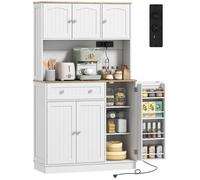 HOMCOM Buffet haut cuisine avec station de charge, armoire de cuisine, 6 portes, plan de travail, 4 porte-épices, étagères réglables, meuble de rangement pour salon salle à manger, 100x40x173cm, blanc